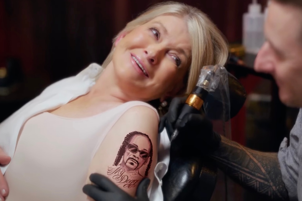 Martha Stewart, 81, gets a portrait of Snoop Dogg, 51, tattooed on her arm in a Super Bowl commercial for Skechers.