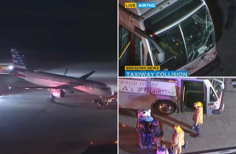 Five injured after American Airlines jet collides with shuttle bus at LAX