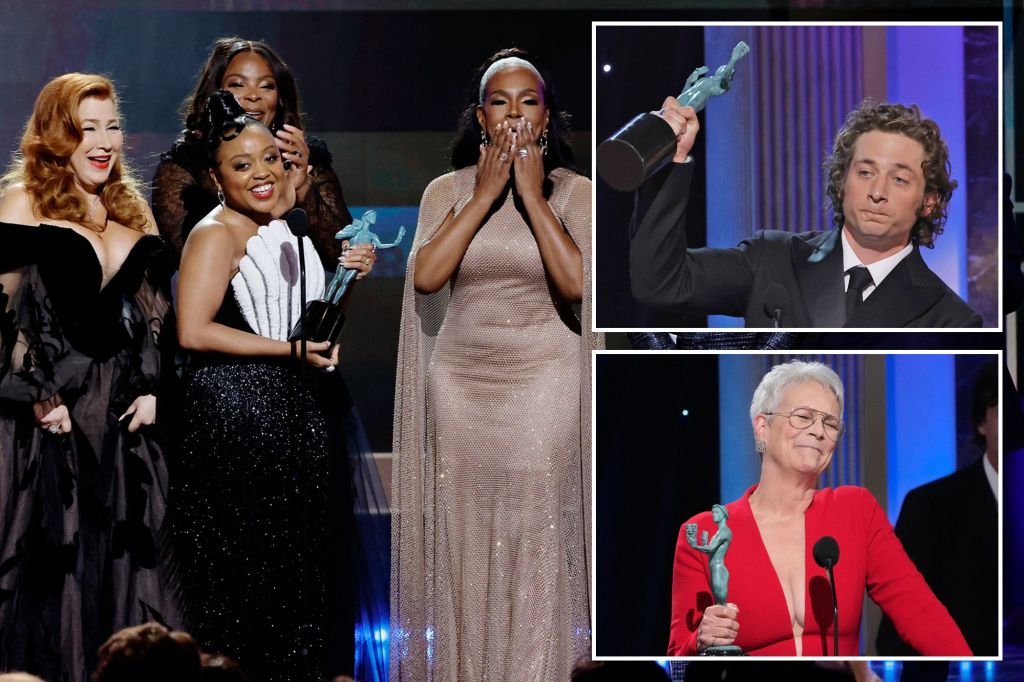 The cast of "Abbott Elementary" (left), "The Bear" star Jeremy Allen White (top right) and "Everything Everywhere All at Once" actress Jamie Lee Curtis (bottom right) were all big winners at the 2023 SAG Awards.