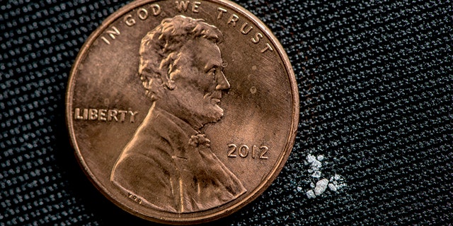 A lethal dose of fentanyl is pictured next to a penny.