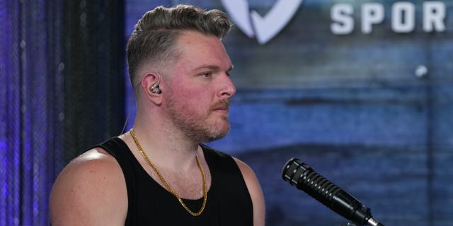 Pat McAfee speaks during his show on Media Row for Super Bowl LVI at the Los Angeles Convention Center Feb. 10, 2022, in Los Angeles 