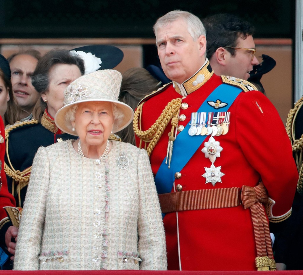 Queen Elizabeth II and Prince Andrew, Duke of York watch a flypast from the balcony of Buckingham Palace during Trooping The Colour, the Queen's annual birthday parade, on June 8, 2019.