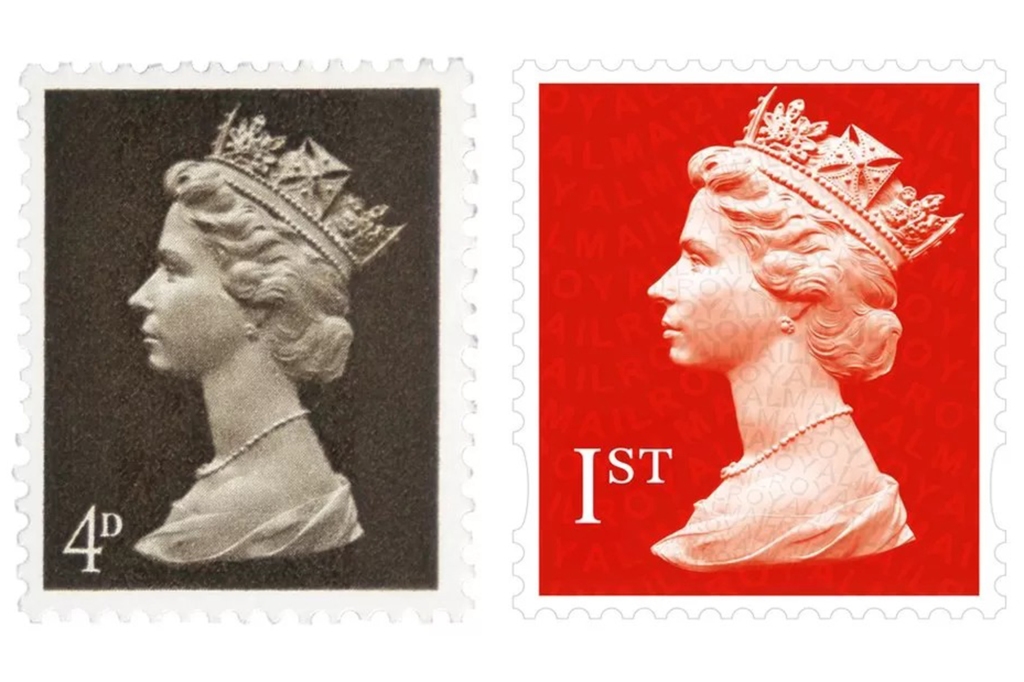 A picture of Queen Elizabeth II on a stamp.