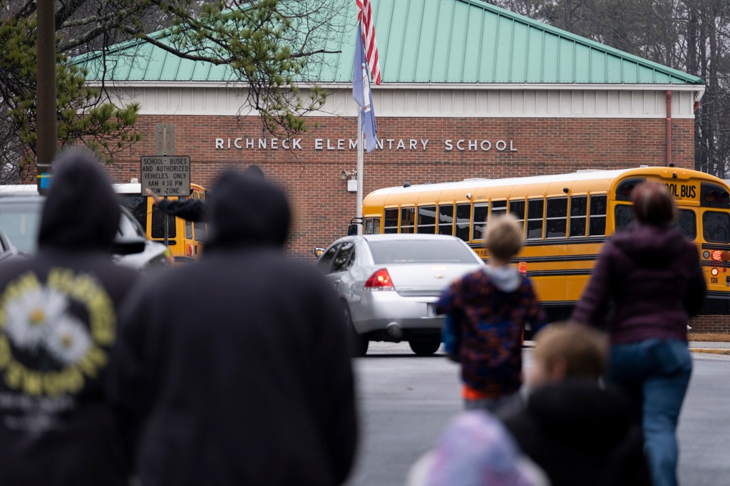 Students return to Richneck Elementary in Newport News, Va., on Monday, Jan. 30.