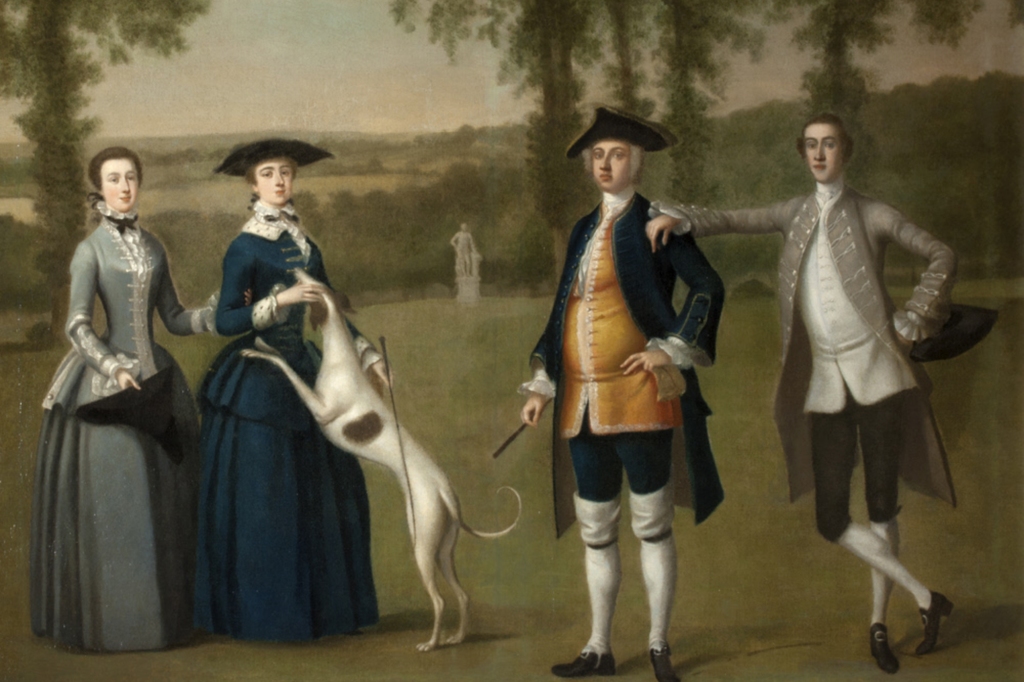 Four full-length portraits of figures standing in a park landscape; Sir John at the right with his son beside him resting his arm on his shoulder; his wife facing him, a dog jumping up at her; his daughter, left; a statue in the background.