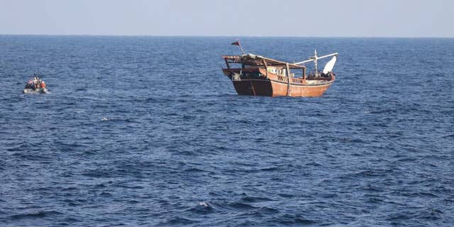 An Iranian smuggling vessel halted by U.S. Navy forces.