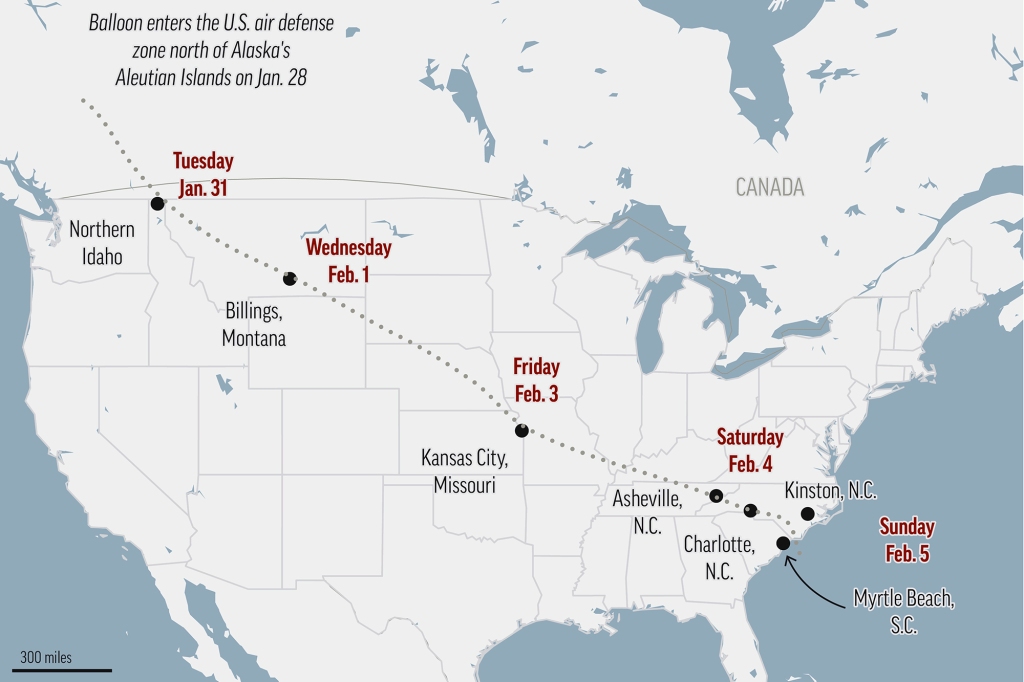 The route the balloon took across the US