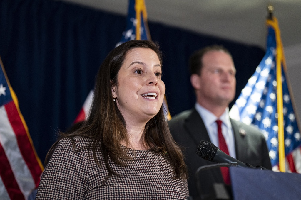 Representative Elise Stefanik, a Republican from New York, speaks during a news conference in Washington.