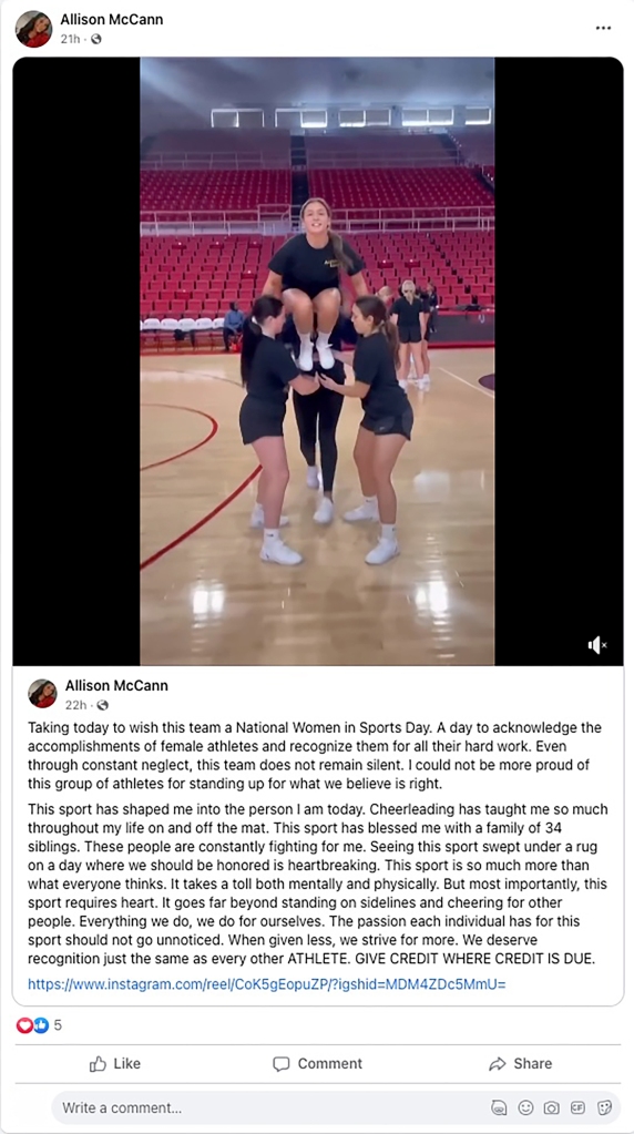 St. John's cheerleader Allison McCann commented that the team has persevered despite "constant neglect."