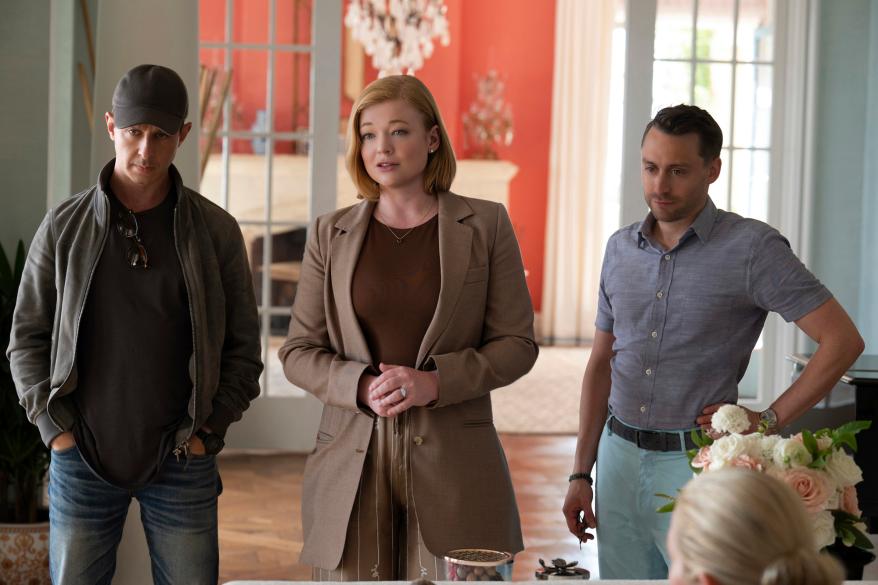 From left, Jeremy Strong (Kendall Roy), Sarah Snook Siobhan Roy) and Kieran Culkin (Roman Roy) in a scene from the fourth season of "Succession."