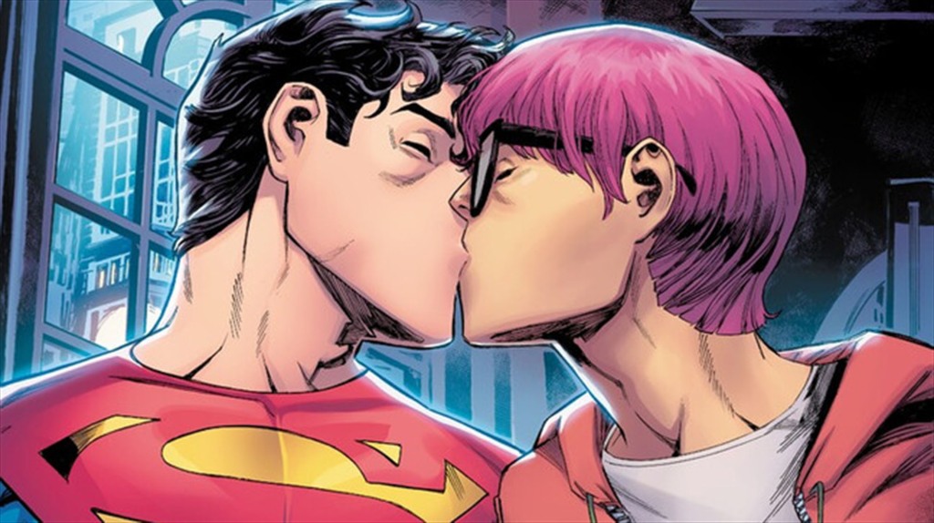 Jonathan Kent, son of Clark Kent and Lois Lane, kissing another young man.