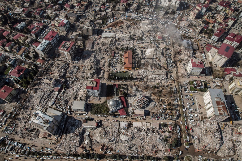 Aerial photo showing the destruction in Kahramanmaras city center, southern Turkey, on Feb. 9, 2023.