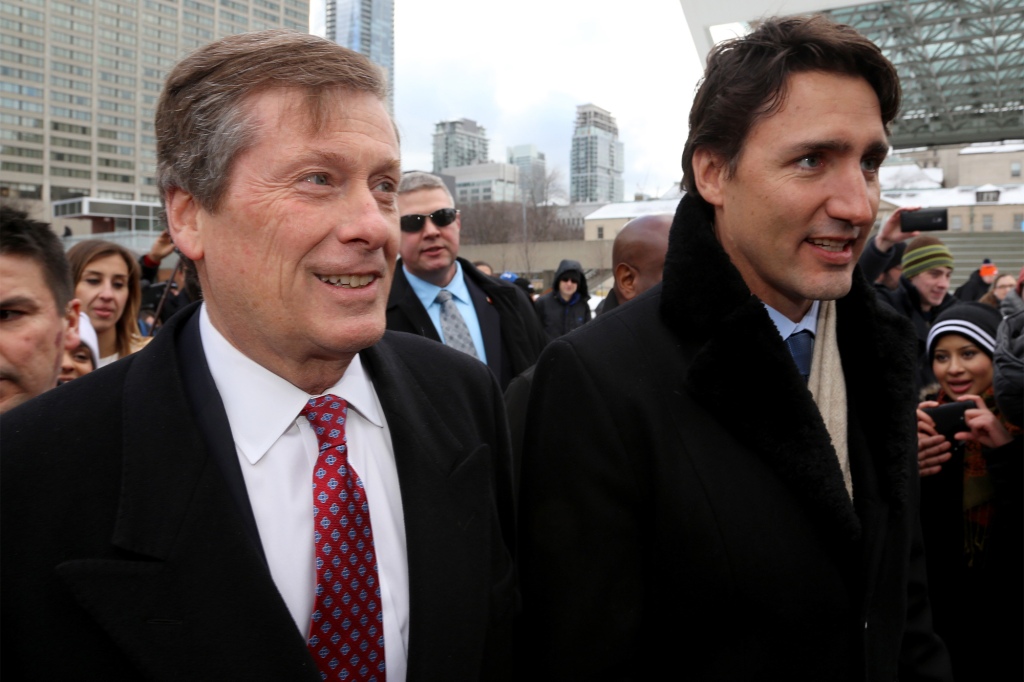 Tory and Prime Minister Justin Trudeau outside Toronto City Hall on Jan. 13, 2016.