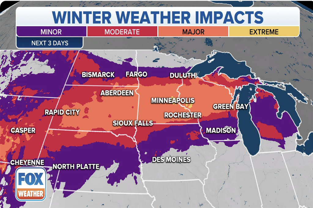 "Moderate" to "major" impacts can be expected across the northern Plains and Upper Midwest.
