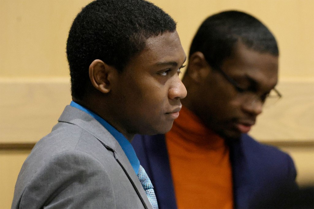 Suspected shooting accomplice Trayvon Newsome, left, and shooting suspect Michael Boatwright enter the courtroom for opening statements in the XXXTentacion murder trial at the Broward County Courthouse in Fort Lauderdale, Fla., Tuesday, Feb. 7, 2023.