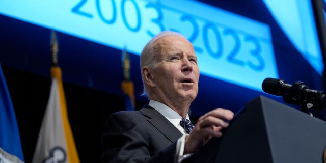 US President Joe Biden speaks during an anniversary ceremony at the Department of Homeland Security (DHS) in Washington, DC, US, on Wednesday, March 1, 2023.