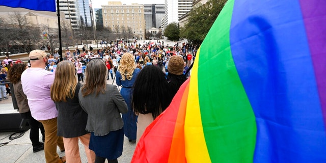 Drag entertainer DeeDee speaks during a news conference held by the Human Rights Campaign to draw attention to anti-drag bills in the Tennessee legislature, on Tuesday, Feb. 14, 2023 in Nashville, Tenn.