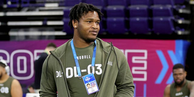 Jalen Carter of Georgia looks on during the NFL Combine at Lucas Oil Stadium on March 2, 2023, in Indianapolis, Indiana. 