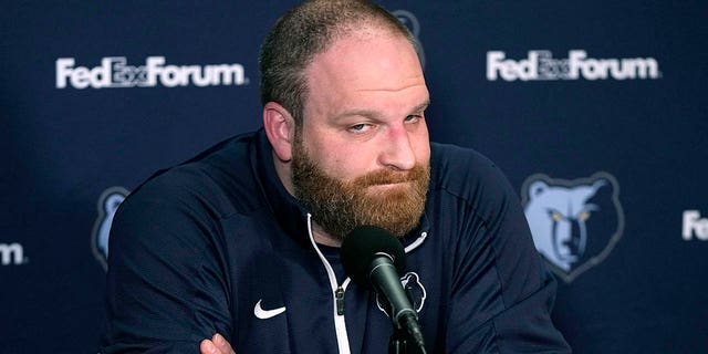 Memphis Grizzlies head coach Taylor Jenkins listens to a question about about Ja Morant during a news conference prior to an NBA basketball game against the Los Angeles Clippers Sunday, March 5, 2023, in Los Angeles.