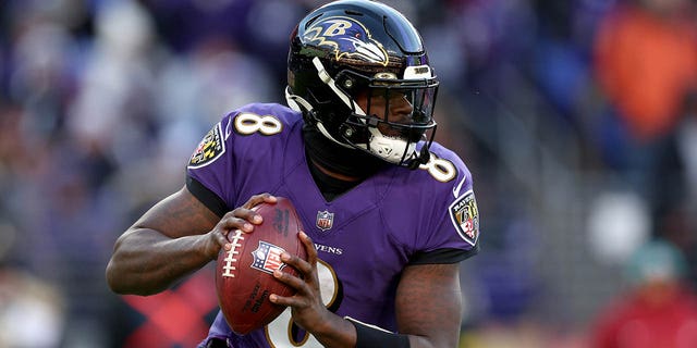 Quarterback Lamar Jackson #8 of the Baltimore Ravens drops back to pass against the Carolina Panthers at M&amp;T Bank Stadium on November 20, 2022 in Baltimore, Maryland.