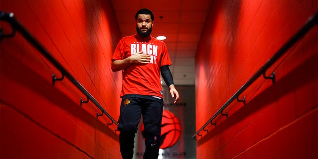 Fred VanVleet of the Toronto Raptors walks onto the court prior to a game against the Utah Jazz Feb. 10, 2023, at the Scotiabank Arena in Toronto, Ontario, Canada. 