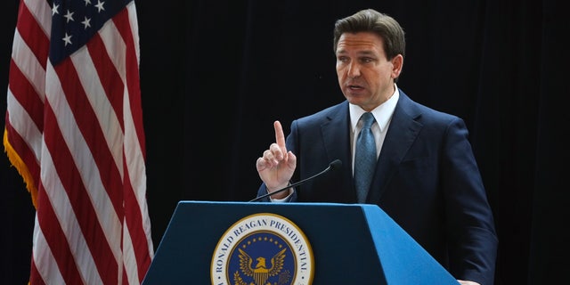 Florida Republican Gov. Ron DeSantis speaks at the Ronald Reagan Presidential Library in Simi Valley, California, Sunday, March 5, 2023.