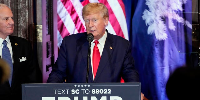 Former President Trump speaks at a campaign event at the South Carolina Statehouse, Saturday, Jan. 28, 2023, in Columbia, South Carolina. 