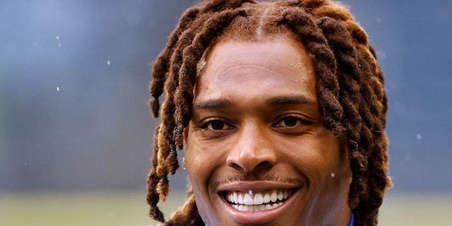 Jalen Ramsey, #5 of the Los Angeles Rams, reacts on the field prior to the game against the Seattle Seahawks at Lumen Field on Jan. 8, 2023 in Seattle.