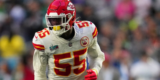 Frank Clark, #55 of the Kansas City Chiefs, rushes against the Philadelphia Eagles after Super Bowl LVII at State Farm Stadium on Feb. 12, 2023 in Glendale, Arizona. The Chiefs defeated the Eagles 38-35.