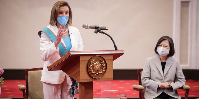 Then-Speaker of the U.S. House of Representatives Nancy Pelosi, D-Calif., with Taiwan's President Tsai Ing-wen at the president's office on August 03, 2022, in Taipei, Taiwan. 