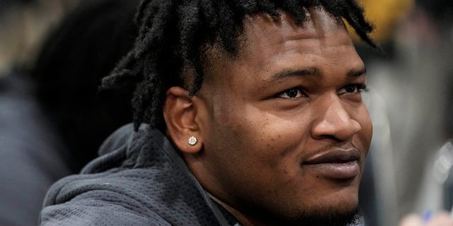 FILE - Georgia defensive lineman Jalen Carter speaks during media day ahead of the national championship NCAA College Football Playoff game between Georgia and TCU, Saturday, Jan. 7, 2023, in Los Angeles.