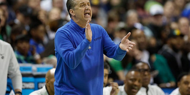 Head coach John Calipari of the Kentucky Wildcats reacts during the second half against the Providence Friars in the first round of the NCAA Tournament at The Fieldhouse at Greensboro Coliseum March 17, 2023, in Greensboro, N.C.