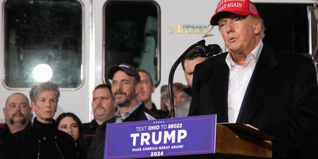 Former President Donald Trump speaks at the East Palestine Fire Department in East Palestine, Ohio, on Feb. 22, 2023.