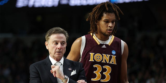 Head coach Rick Pitino of the Iona Gaels looks on in the first half against the Connecticut Huskies during the first round of the NCAA Men's Basketball Tournament at MVP Arena on March 17, 2023 in Albany, New York.