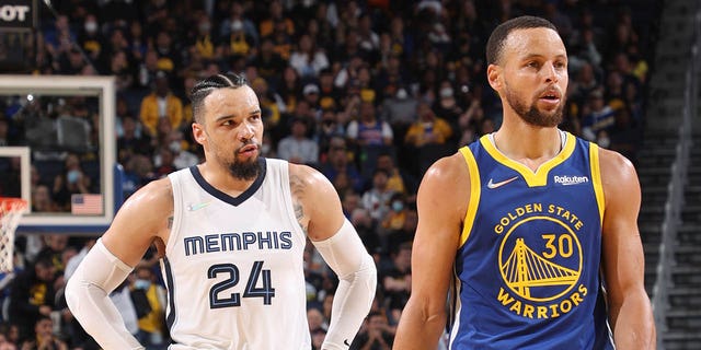 Dillon Brooks (24) of the Memphis Grizzlies and Stephen Curry (30) of the Golden State Warriors during Game 6 of the 2022 NBA Western Conference semifinals May 13, 2021, at Chase Center in San Francisco. 