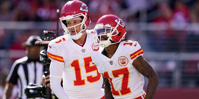 Kansas City Chiefs quarterback Patrick Mahomes (15) celebrates with wide receiver Mecole Hardman (17) Hardman scored on a touchdown run during the first half of an NFL football game against the San Francisco 49ers in Santa Clara, Calif., Sunday, Oct. 23, 2022.