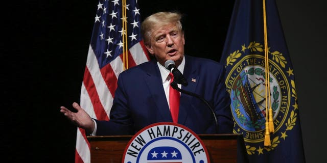 Former President Donald Trump speaks during the New Hampshire Republican State Committee annual meeting in Salem, N.H., on Jan. 28, 2023.