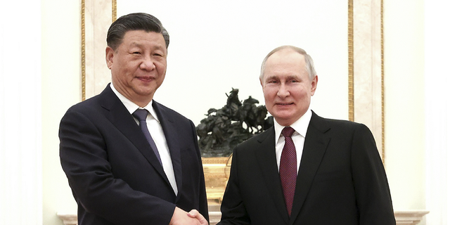 President Vladimir Putin and Chinese President Xi Jinping shake hands before a meeting at the Kremlin in Moscow March 20.