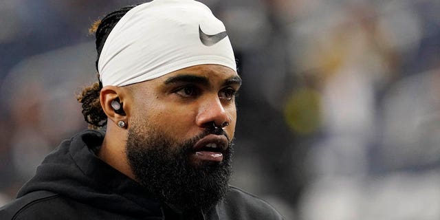 Ezekiel Elliott of the Dallas Cowboys warms up prior to a game against the Philadelphia Eagles Dec. 24, 2022, in Arlington, Texas.