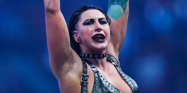 Rhea Ripley reacts after winning the WWE Royal Rumble at the Alamodome on Jan. 28, 2023 in San Antonio.