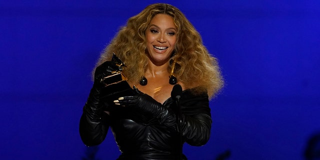 Beyonce accepts the award for best R&amp;B performance for "Black Parade" at the 63rd annual Grammy Awards at the Los Angeles Convention Center March 14, 2021.