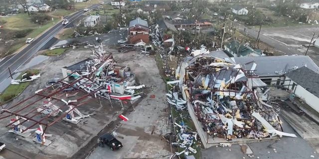 Aerial video shot Saturday morning over Amory, Mississippi, shows the destruction caused when tornadoes ripped through the area Friday.