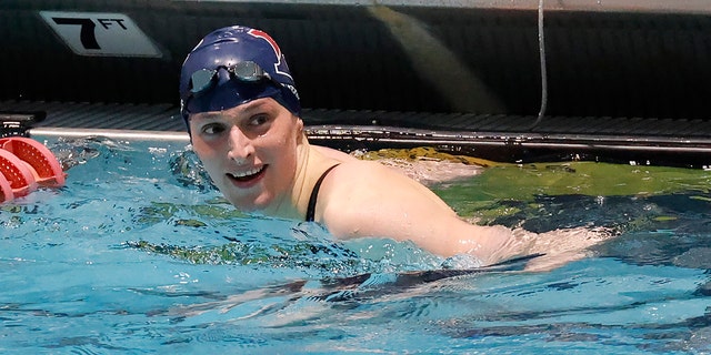 Pennsylvania's Lia Thomas smiles after winning the 100-yard freestyle final at the Ivy League women's swimming and diving championships at Harvard University, Saturday, Feb. 19, 2022, in Cambridge, Massachusetts.