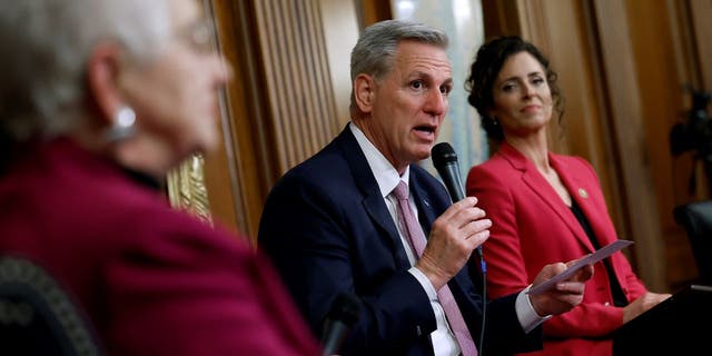 Speaker of the House Kevin McCarthy (R-CA) delivers remarks during an event to introduce the Parents Bill of Rights Act with Rep. Virginia Foxx (R-Va.) (L) and Rep. Julia Letlow (R-La.) in the Rayburn Room at the U.S. Capitol on March 01, 2023, in Washington, DC. According to the Speaker's office, "the Parents Bill of Rights was designed to empower parents and ensure that they are able to be involved in their kids' education." 