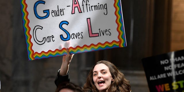 A protester demonstrates in support of transgender people.