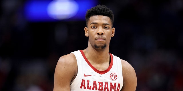 Brandon Miller of the Alabama Crimson Tide against the Texas A and M Aggies during the first half in the SEC Championship at Bridgestone Arena March 12, 2023, in Nashville.