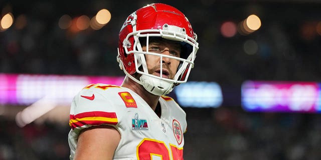 Travis Kelce #87 of the Kansas City Chiefs celebrates against the Philadelphia Eagles after Super Bowl LVII at State Farm Stadium on February 12, 2023 in Glendale, Arizona.