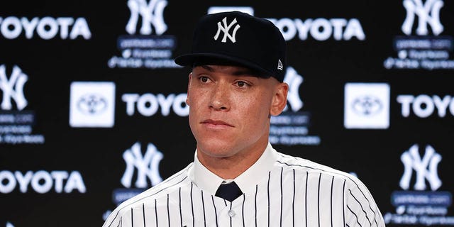 Aaron Judge of the New York Yankees speaks to the media during a press conference at Yankee Stadium Dec. 21, 2022, in the Bronx, N.Y.