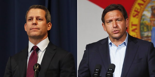 Former Hillsborough County State Attorney Andrew Warren, left, and Florida Gov. Ron DeSantis