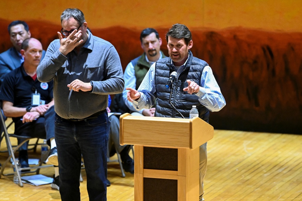 Darrell Wilson, assistant vice president government relations of Norfolk Southern, speaks at the March 2 townhall in East Palestine, Ohio.